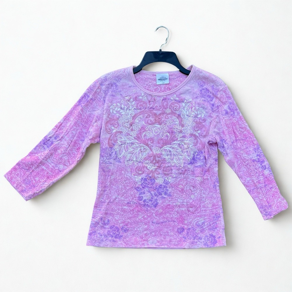Vintage Y2K Studio Collections Shirt Pink Hearts Paisley Coquette‎ Sparkle Large